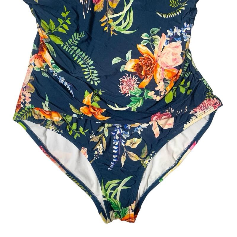 Jantzen Women Floral One Piece Blue Swimsuit Wide Strap Ruched Bathing Sz 14