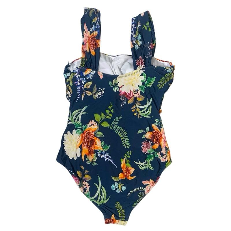 Jantzen Women Floral One Piece Blue Swimsuit Wide Strap Ruched Bathing Sz 14