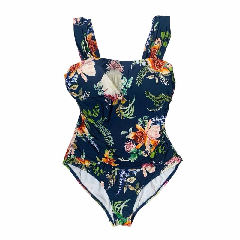 Jantzen Women Floral One Piece Blue Swimsuit Wide Strap Ruched Bathing Sz 14