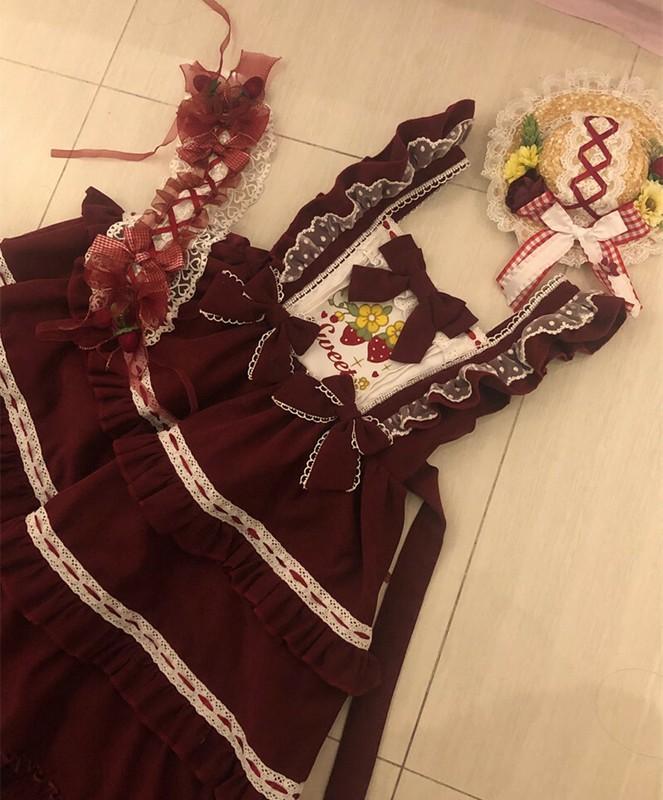 Japanese Style Lolita Cute Strawberry Sling Jsk Ruffl Dress Kawaii Autumn Winter
