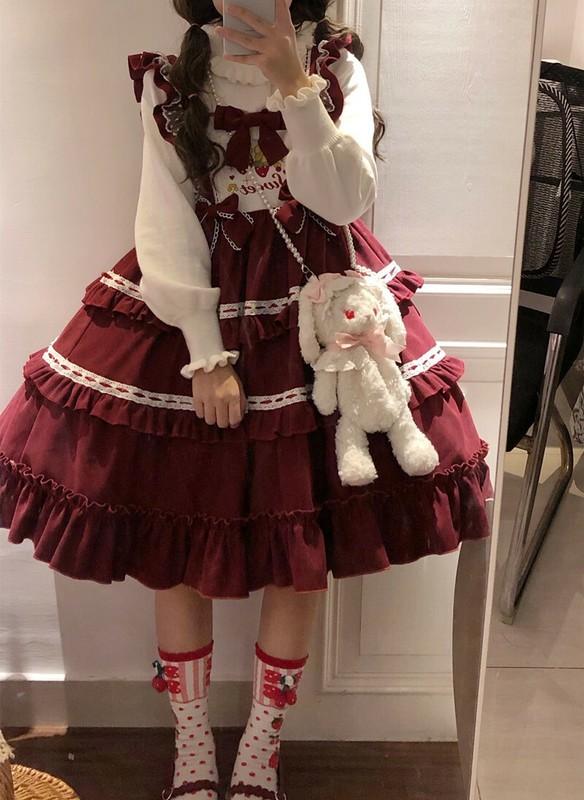 Japanese Style Lolita Cute Strawberry Sling Jsk Ruffl Dress Kawaii Autumn Winter