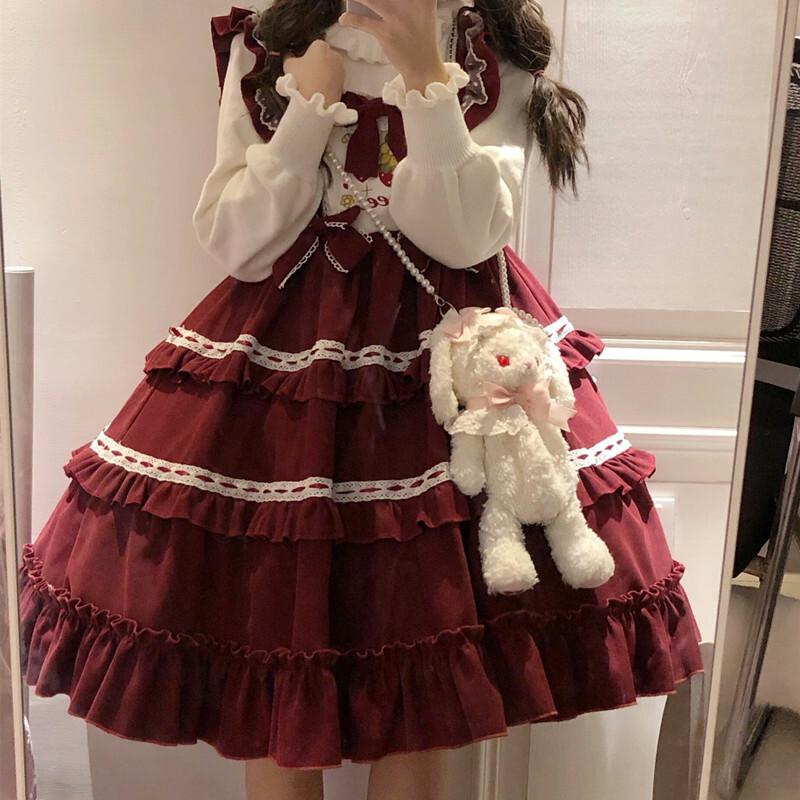Japanese style Lolita cute strawberry sling jsk Ruffl dress kawaii autumn winter