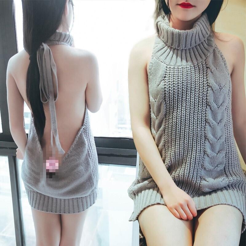Japanese Style Open Back Knitted Sweater Dress High Collar Sweet Loose Sexy New