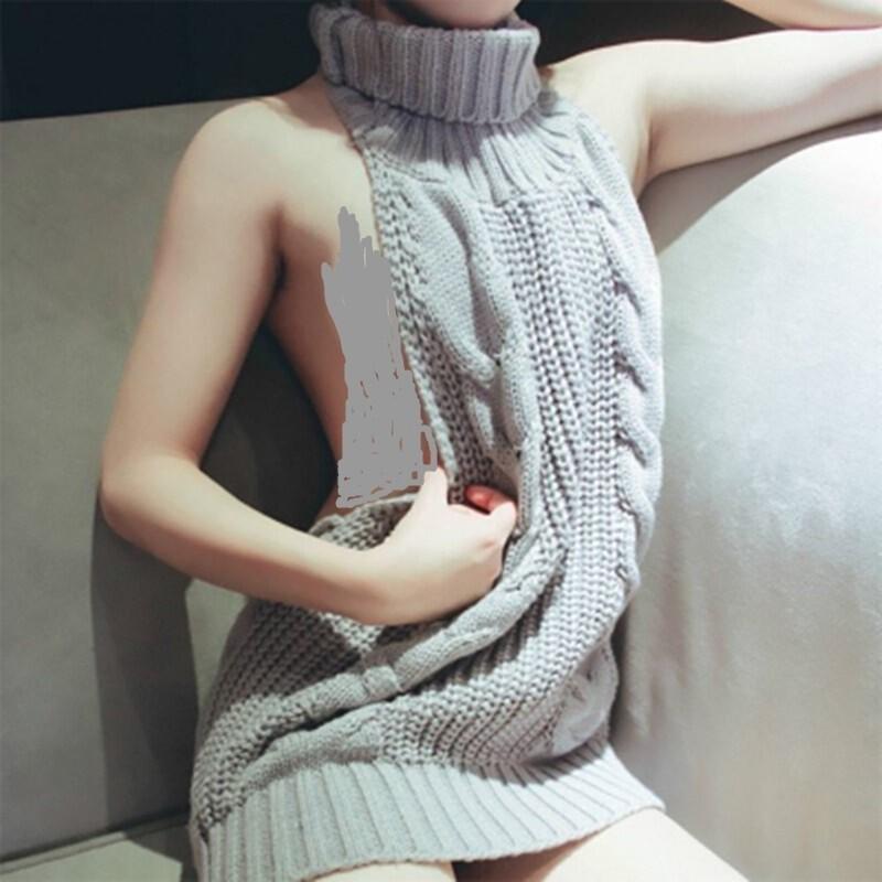 Japanese Style Open Back Knitted Sweater Dress High Collar Sweet Loose Sexy New