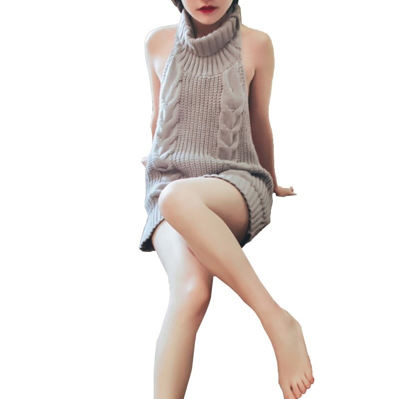Japanese Style Open Back Knitted Sweater Dress High Collar Sweet Loose Sexy New