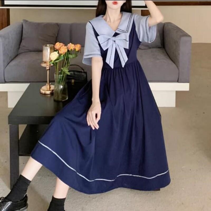 Japanese Women Lolita Sweet Girls Bow A-Line Dress Long Sleeve Ruffles Dress