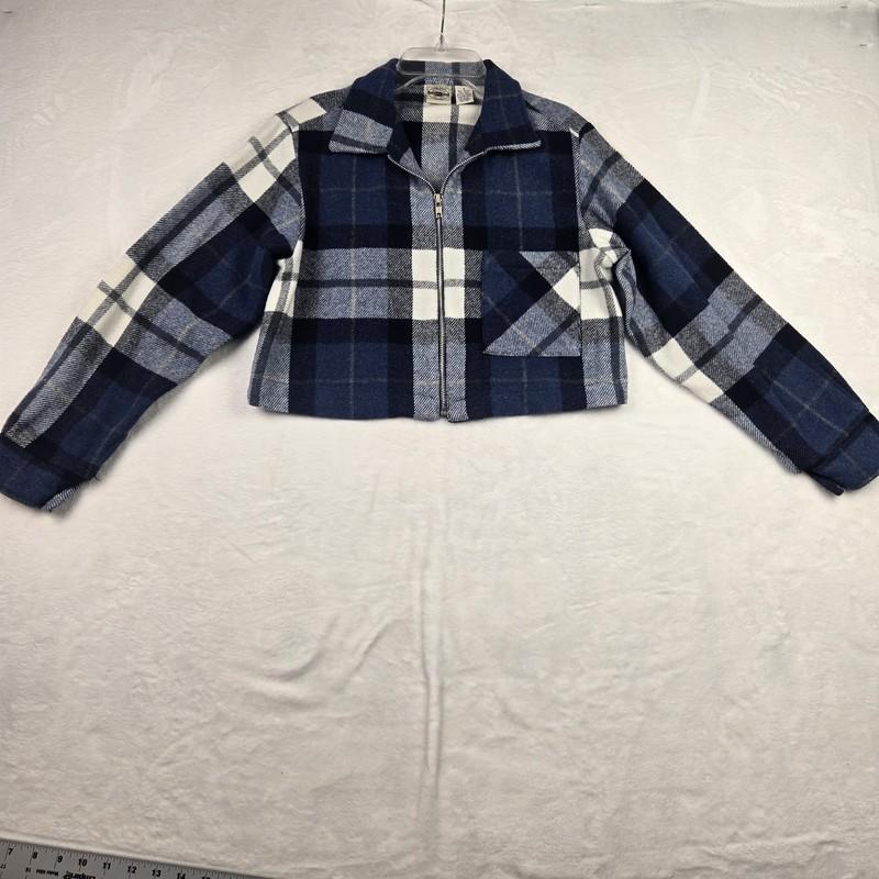 Jeanswear County Seat Women's Blue White Plaid Cropped Zippered Jacket Small
