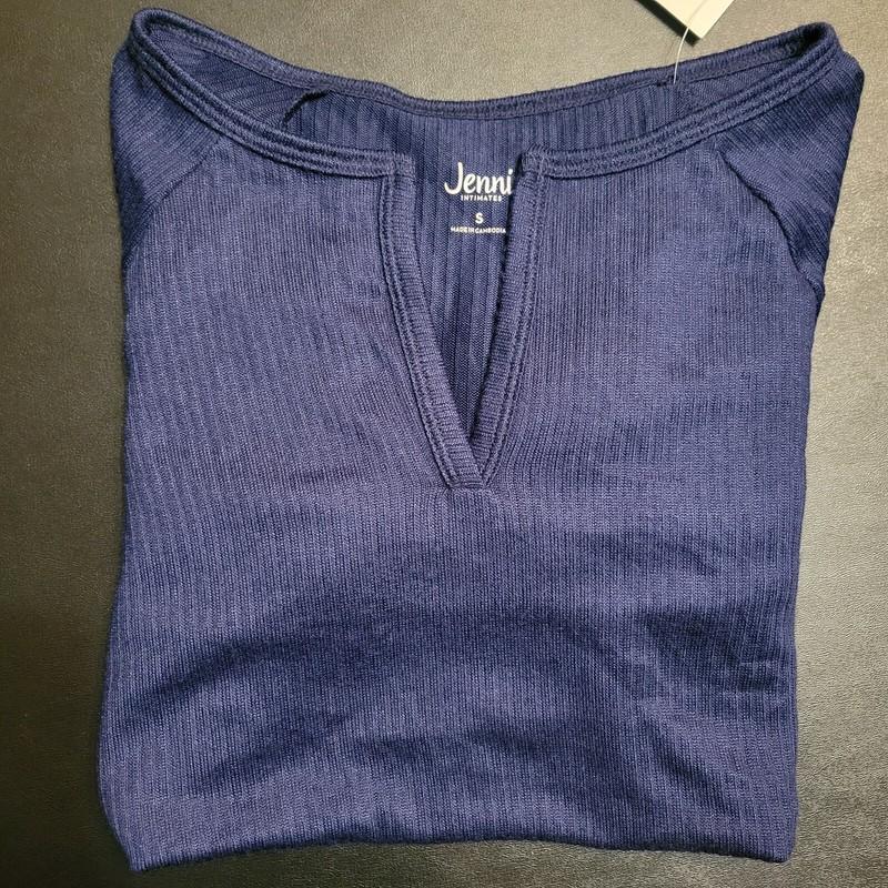 Jenni Split-Neck Pajama Top Large Navy Sail Rib-Knit Sleep Shirt Loungewear