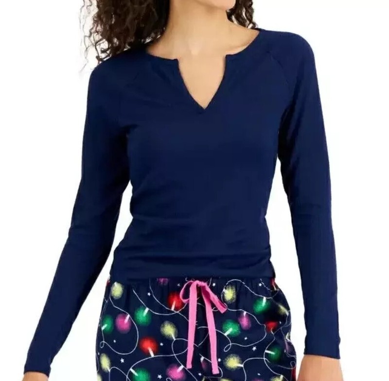 Jenni Split-Neck Pajama Top Large Navy Sail Rib-Knit Sleep Shirt Loungewear