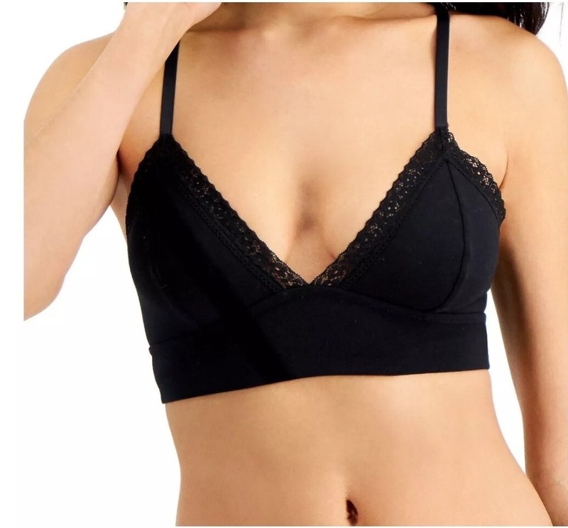 Jenni Women's on Repeat Wide Lace Trim Cotton Bralette Black Size Small