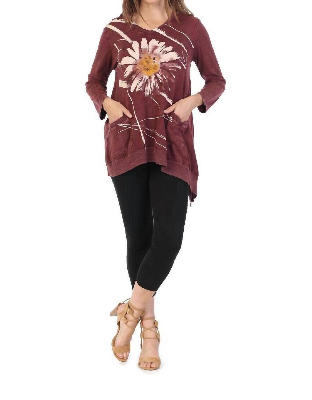 Jess & Jane Chit Chat Mineral Washed Patch Pocket Cotton Tunic Wine