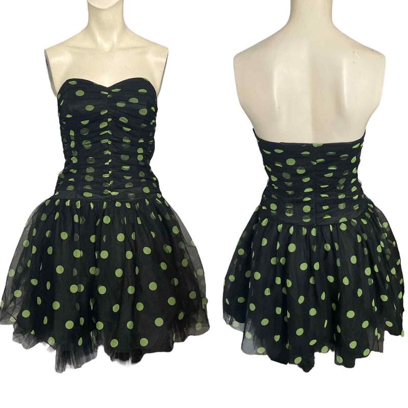 Jessica McClintock Gunne Sax Polka Dot Strapless Mini Dress Mesh 5/6 Vintage