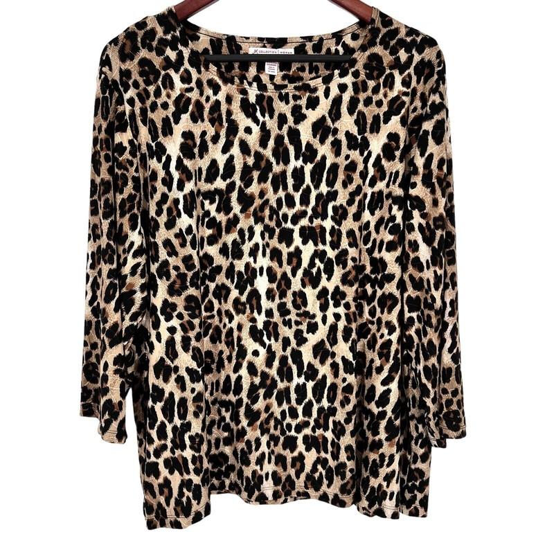 JM Collection Woman Plus Size 3X Super Stretchy Leopard Blouse Shirt Top Brown