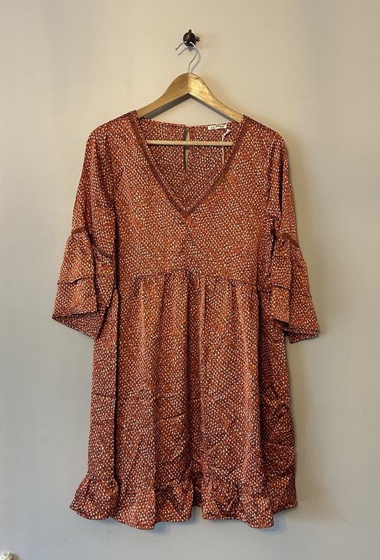 Jodifl Boutique Babydoll Dress Knee Length Burnt Orange Bell Sleeves SMALL 4 6
