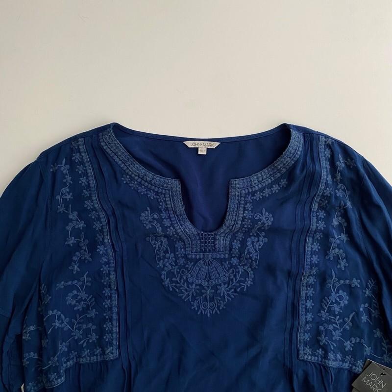 John Mark Nwt Dark Indigo Blue Embroidered Split Neck 3/4 Sleeve Tunic Top 1X