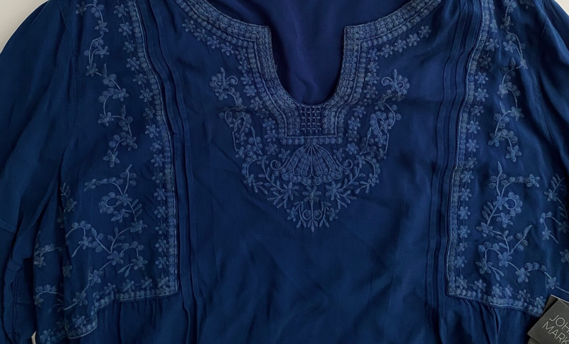John Mark Nwt Dark Indigo Blue Embroidered Split Neck 3/4 Sleeve Tunic Top 1X