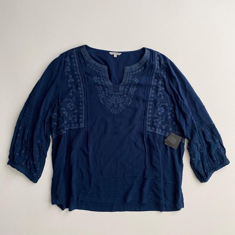 John Mark Nwt Dark Indigo Blue Embroidered Split Neck 3/4 Sleeve Tunic Top 1X