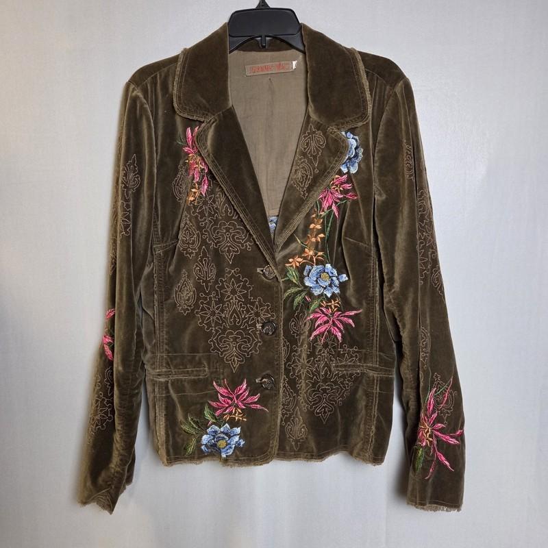 JOHNNY WAS Embroidered Floral Velvet Blazer Womens XL Brown Pockets Artsy Unique