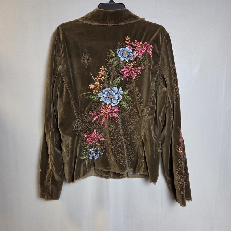 JOHNNY WAS Embroidered Floral Velvet Blazer Womens XL Brown Pockets Artsy Unique