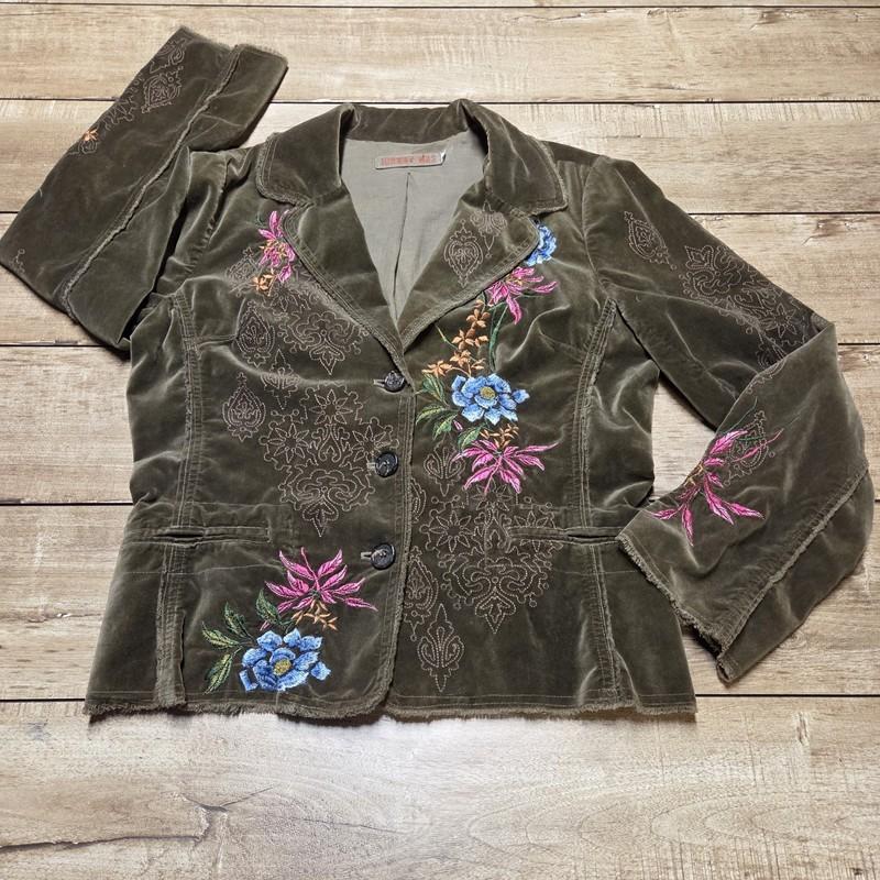 JOHNNY WAS Embroidered Floral Velvet Blazer Womens XL Brown Pockets Artsy Unique