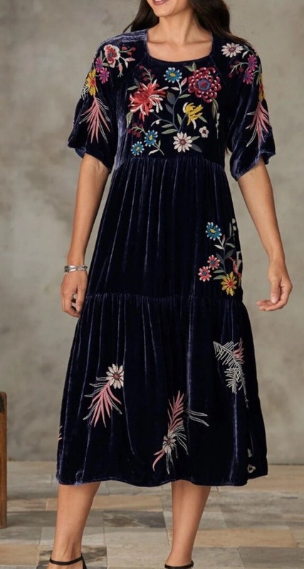 JOHNNY WAS Embroidered Velvet Midi Dress Size L Fits Xl Too Nwt