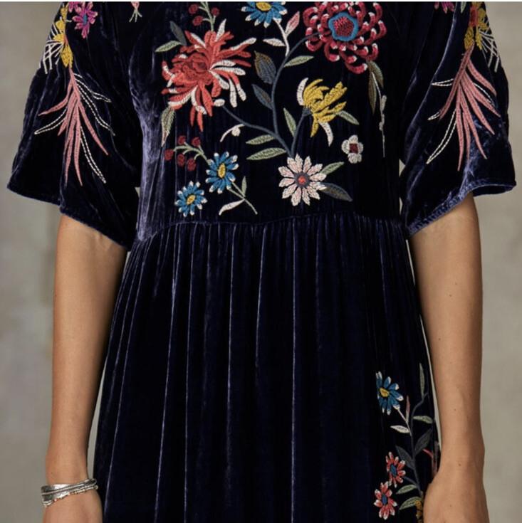 JOHNNY WAS Embroidered Velvet Midi Dress Size L Fits Xl Too Nwt
