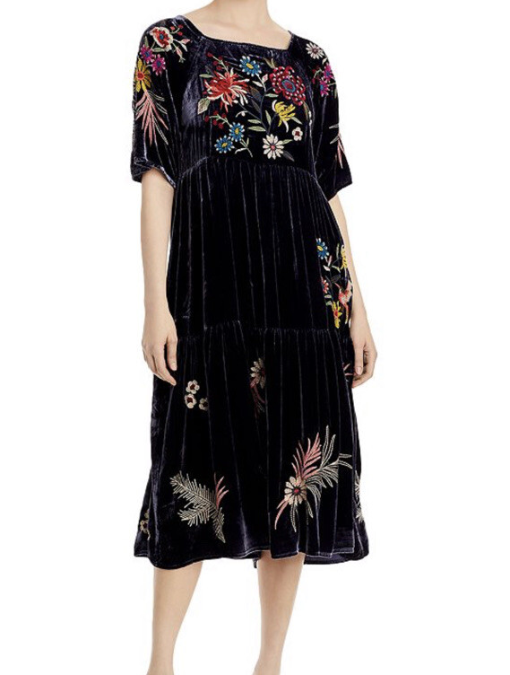 JOHNNY WAS Embroidered Velvet Midi Dress Size L Fits Xl Too Nwt