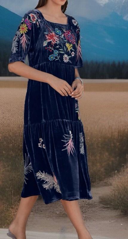JOHNNY WAS Embroidered Velvet Midi Dress size L Fits Xl Too Nwt