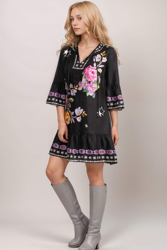Johnny Was Jade Black Hailee Floral Mini Dress L36325-1P Petite