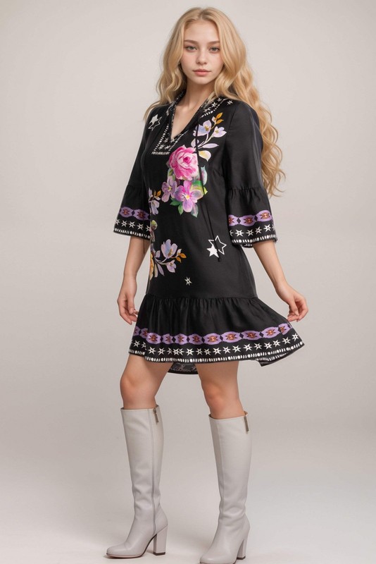 Johnny Was Jade Black Hailee Floral Mini Dress L36325-1P Petite