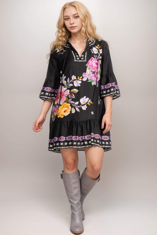 Johnny Was Jade Black Hailee Floral Mini Dress L36325-1P Petite