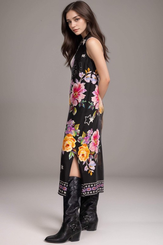 Johnny Was Jade Black Karolina Floral Tea Length Dress L31625-1