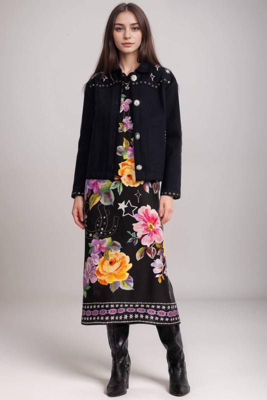 Johnny Was Jade Black Karolina Floral Tea Length Dress L31625-1
