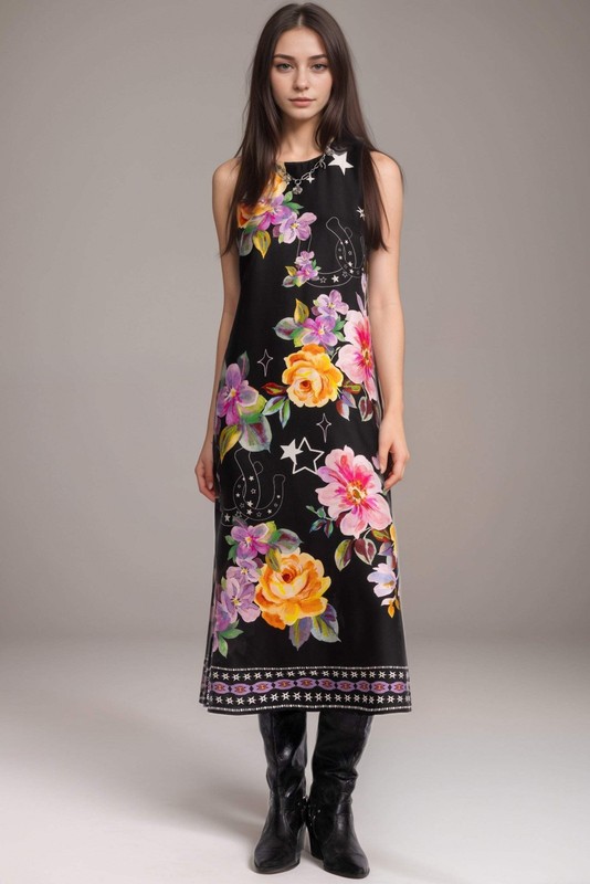 Johnny Was Jade Black Karolina Floral Tea Length Dress L31625-1