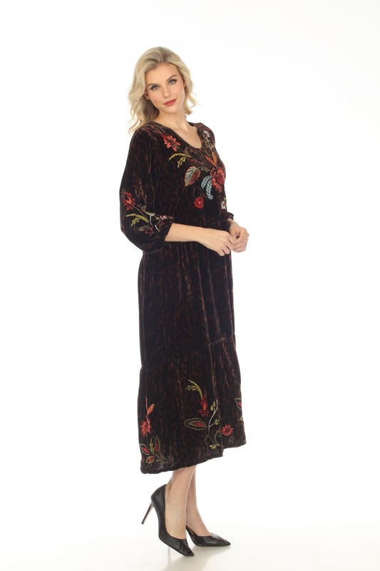 Johnny Was JWLA Isabella Velvet Embroidered Tiered Maxi Dress Petite Boho Chic J