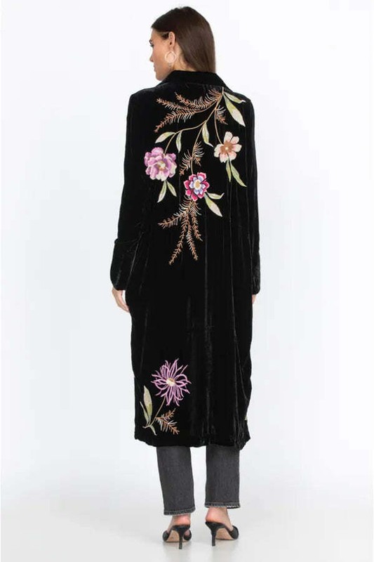 Johnny Was Meriah Velvet Duster Coat Long Floral Embroidery Jacket Black Top NEW