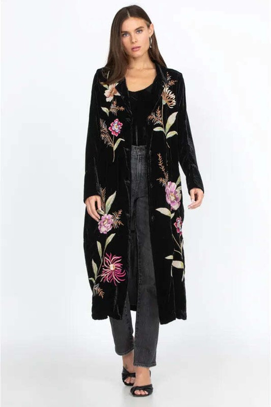Johnny Was Meriah Velvet Duster Coat Long Floral Embroidery Jacket Black Top NEW