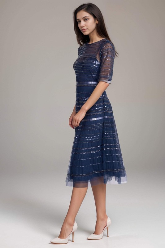 Johnny Was Navy Bead Fest Mesh Dress R35924
