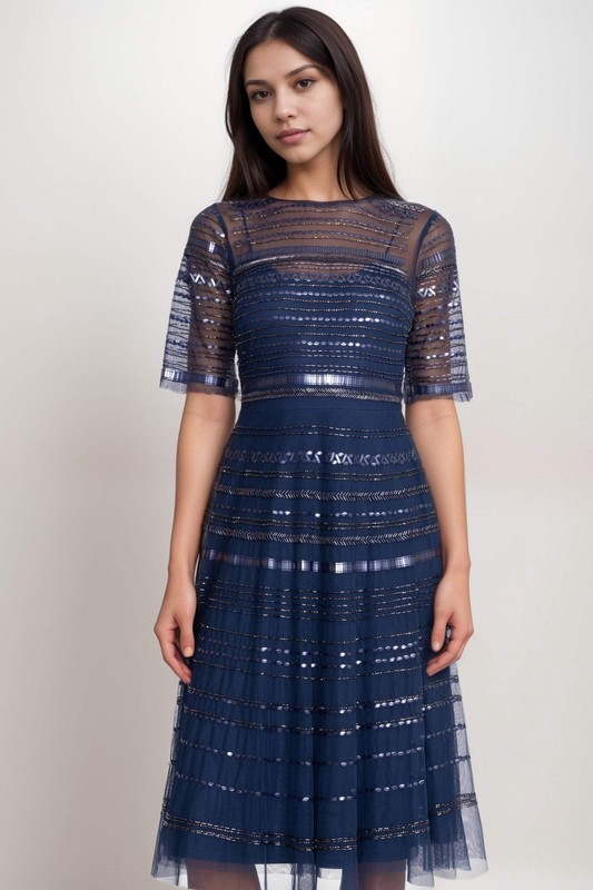 Johnny Was Navy Bead Fest Mesh Dress R35924