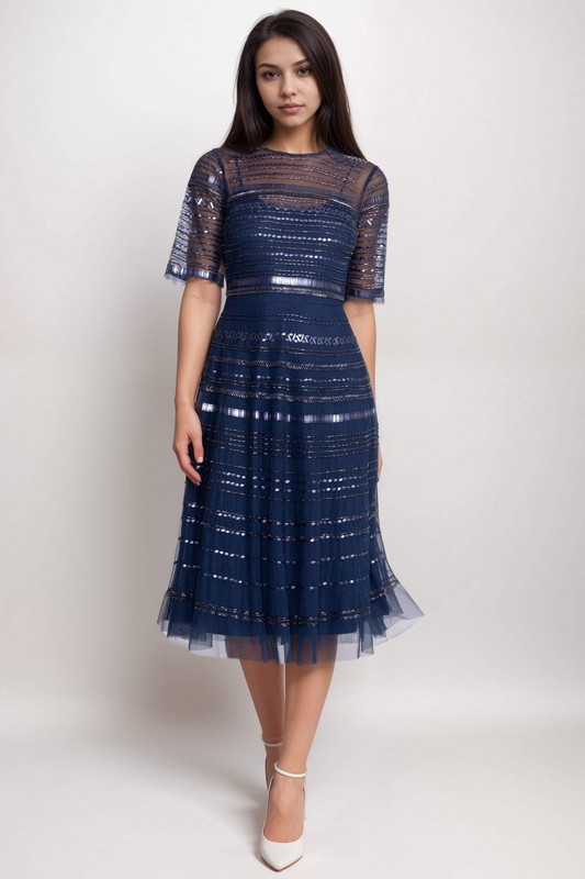 Johnny Was Navy Bead Fest Mesh Dress R35924
