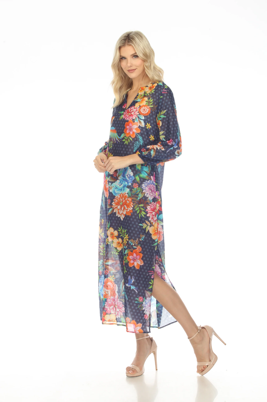 Johnny Was Ocean Dreamer Puff Sleeve Swim Cover-Up Maxi Dress Boho Chic CSW9823