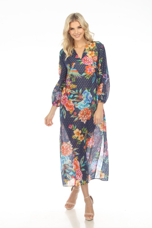 Johnny Was Ocean Dreamer Puff Sleeve Swim Cover-Up Maxi Dress Boho Chic CSW9823