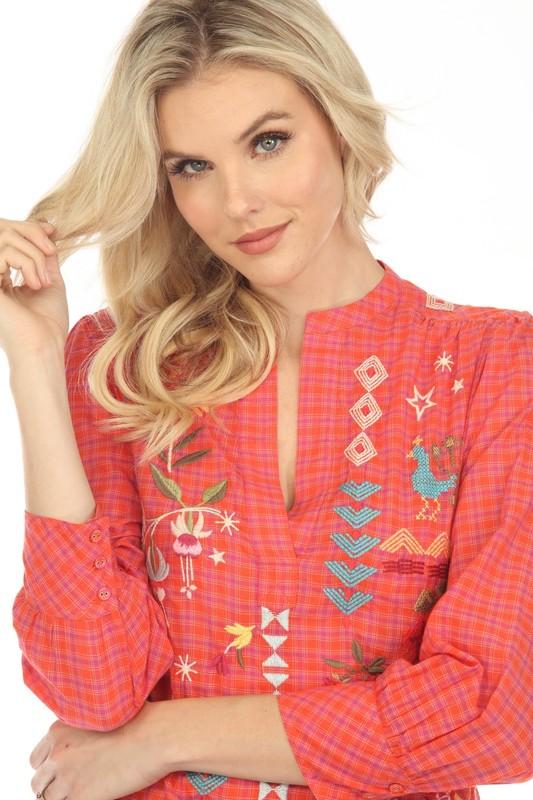 Johnny Was Workshop Plaid Lyonne Henley Shift Tunic Top Boho Chic W26723
