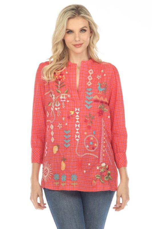Johnny Was Workshop Plaid Lyonne Henley Shift Tunic Top Boho Chic W26723