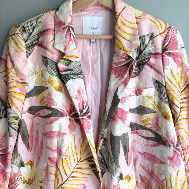 Joie Linen Floral Blazer Jacket Size 8 Pink Tropical Print Resort Office Work