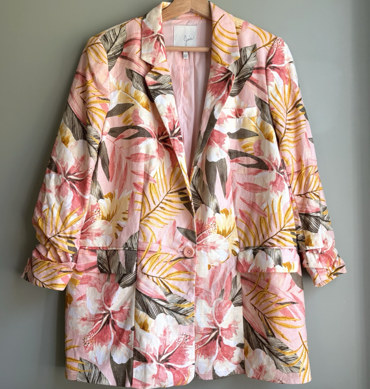 Joie Linen Floral Blazer Jacket Size 8 Pink Tropical Print Resort Office Work