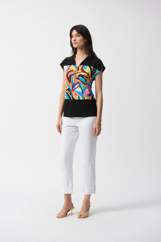 Joseph Ribkoff Black/Multi Abstract Print Front Zip Boxy Top 251248