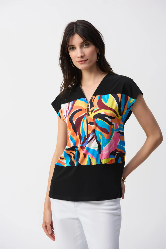 Joseph Ribkoff Black/Multi Abstract Print Front Zip Boxy Top 251248