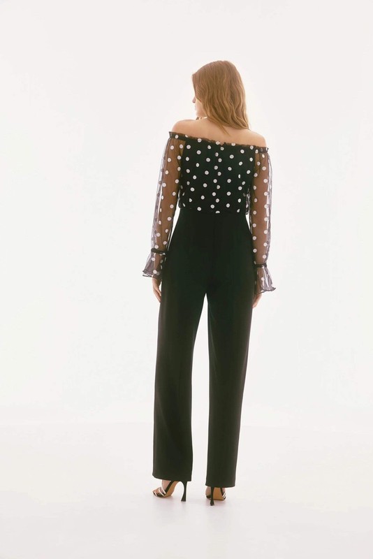 Joseph Ribkoff Black/White Polka Dot Off-Shoulder Jumpsuit 251708