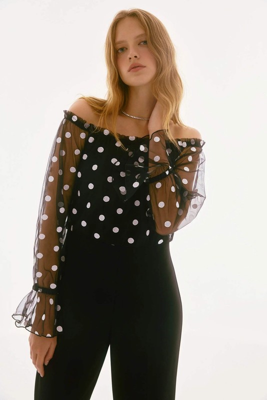 Joseph Ribkoff Black/White Polka Dot Off-Shoulder Jumpsuit 251708